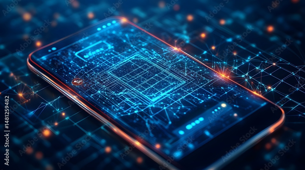 Poster Futuristic smartphone showcasing intricate blue circuits integrated into the screen. Energy emanates with orange glow. Connected data network in dark backdrop. Abstract wireframe in dark blue.