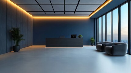 Minimalist modern office lobby with dark blue and wood wall panels, large floor-to-ceiling windows, gray seating, black reception desk, and potted plants illuminated by warm LED strip lighting