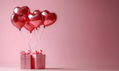 Two pink gift boxes with ribbons and bows accompanied by six floating shiny red heart-shaped balloons on strings against a soft pink background conveying celebration and affection