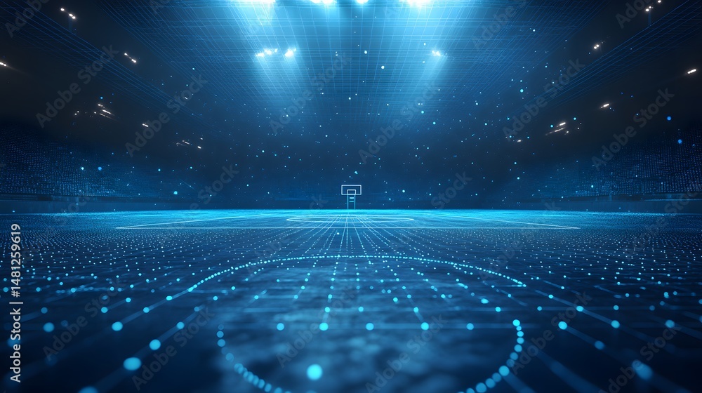 Aufkleber Futuristic basketball court awash in glowing blue. Digital arena with illuminated lines and a hovering hoop. Spectator seating fades into the monochromatic scene. Abstract wireframe in dark blue.