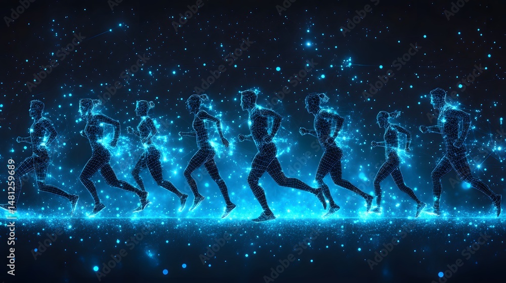 Poster futuristic runners dash across a starlit expanse. glowing blue wireframes convey speed, technology, 