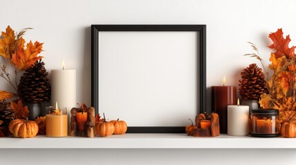 Autumn frame mock up with candles pumpkins and foliage displayed on white shelf with empty space inside.