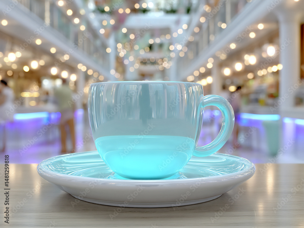 Poster dreamlike and futuristic 3d rendering of a tea time scene at dawn with soft blue and purple light il