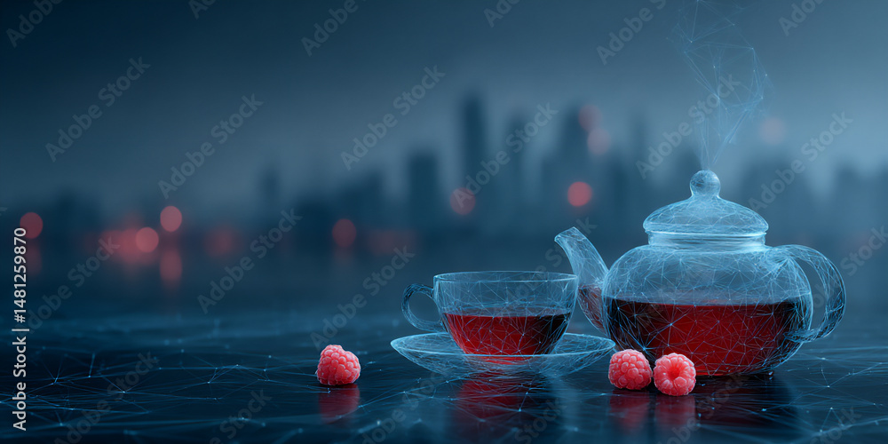 Poster dreamlike and futuristic 3d rendering of a tea time scene set on a table with intricate geometric pa