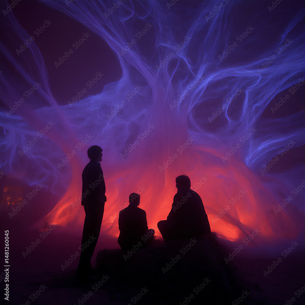 Poster dreamlike and resonant blurred photograph of an interactive art exhibition where the intensity and c