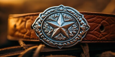 close-up of a brown leather belt with an embossed star-shaped silver buckle featuring floral patterns in warm lighting
