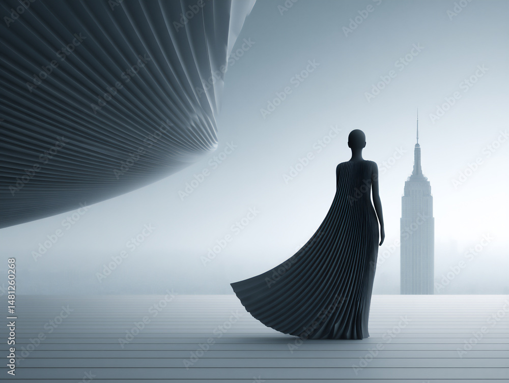 Poster elegant and grayscale 3d rendering of a woman in a flowing silver gown with intricate folds and a lo