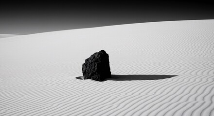 Solitary Dark Rock in a Vast White Sand Dune Desert Landscape A Black and White Photograph