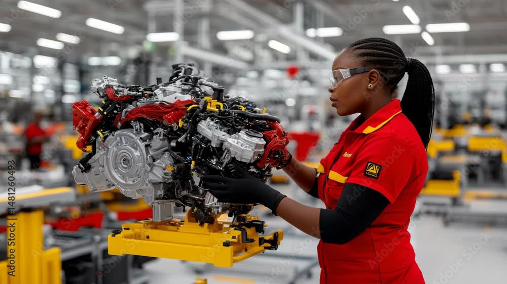 Poster precision assembly: a skilled worker meticulously assembling a high-performance engine at an industr
