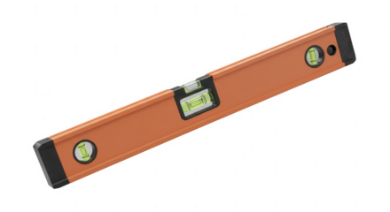 Orange spirit level with green liquid vials on transparent background