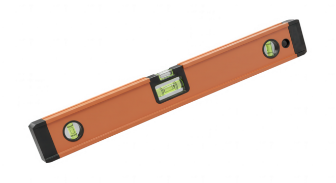 Orange spirit level with green liquid vials on transparent background