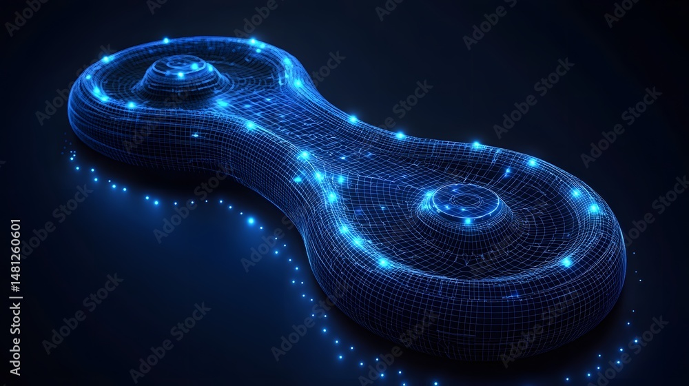 Poster futuristic bone-shaped object rendered as a blue wireframe with glowing orbs. the dark background ac
