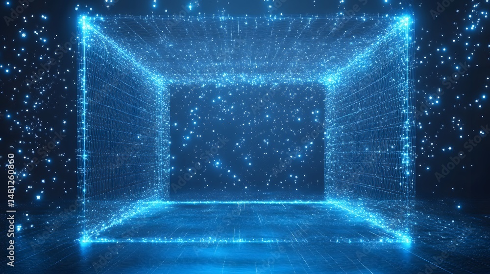 Poster captivating abstract composition featuring a box-like grid structure with luminous blue lines and pa