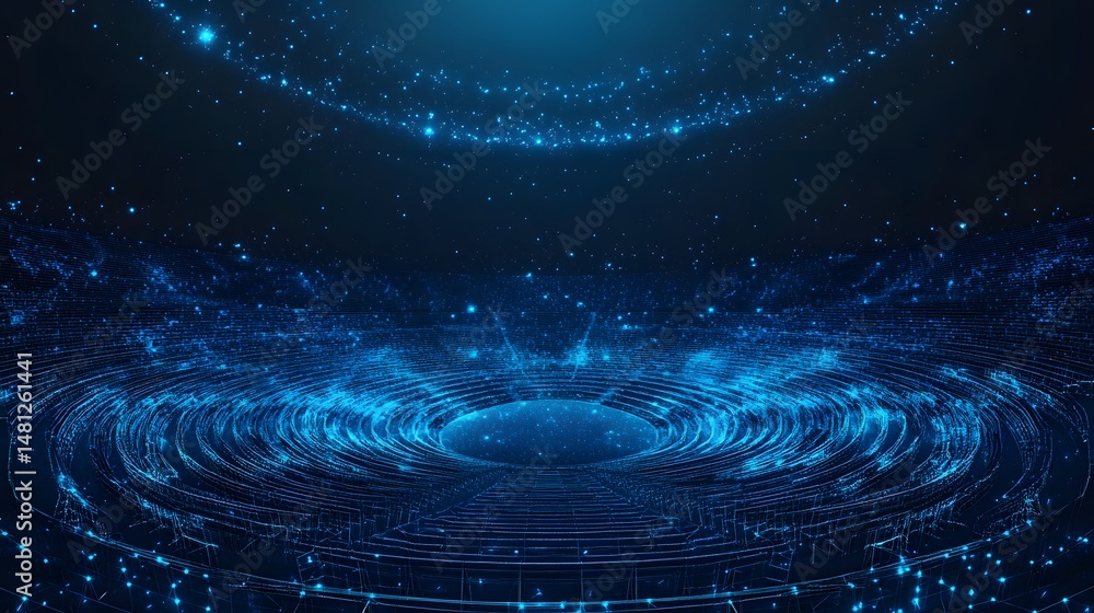 Leinwandbilder Futuristic arena with illuminated blue rings suspended in deep space, creating a captivating geometric structure. A celestial arc of glowing particles hovers above. Abstract wireframe in dark blue.