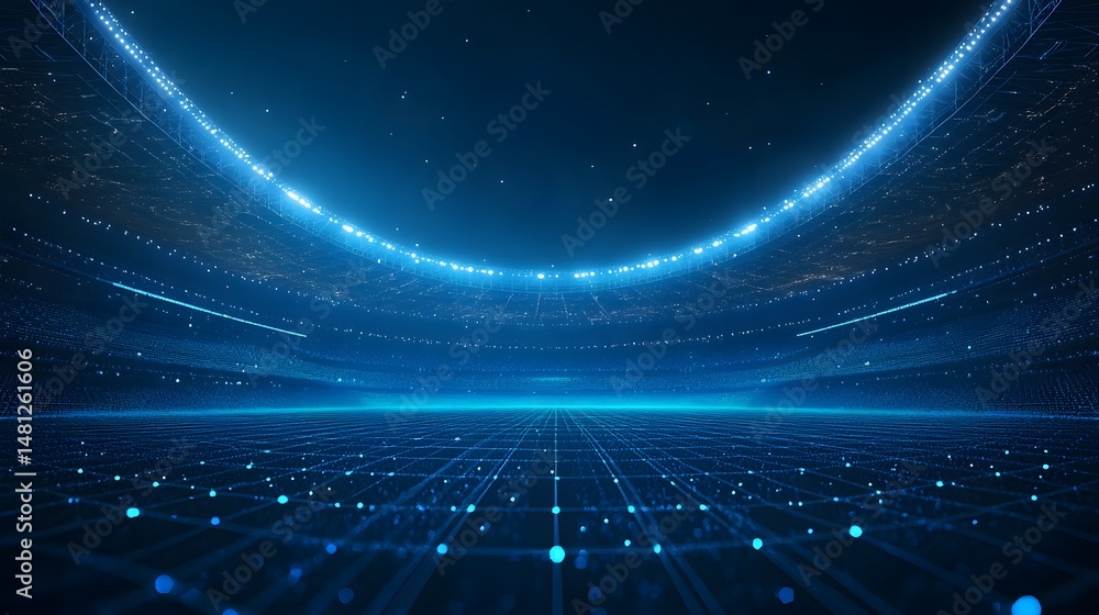 Poster Futuristic stadium visualization rendered in cool blue tones. A digital wireframe effect highlights its architecture. Perfect for tech and sports branding. Abstract wireframe in dark blue