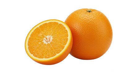 Two oranges, one halved, isolated on transparent background