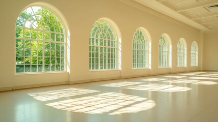 Bright Modern Building Interior with Large Arch Windows