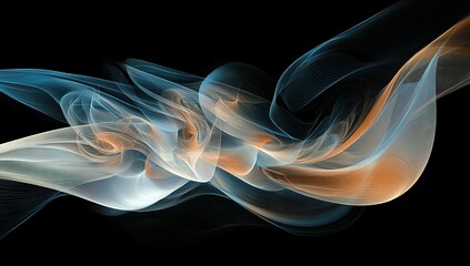 Obraz premium Abstract digital background with flowing lines and curves in blue, orange, and white on a black background.