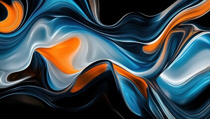 Abstract digital background with flowing lines and curves in blue, orange, and white on a black background.
