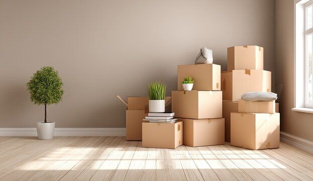 Empty room stacked with moving boxes