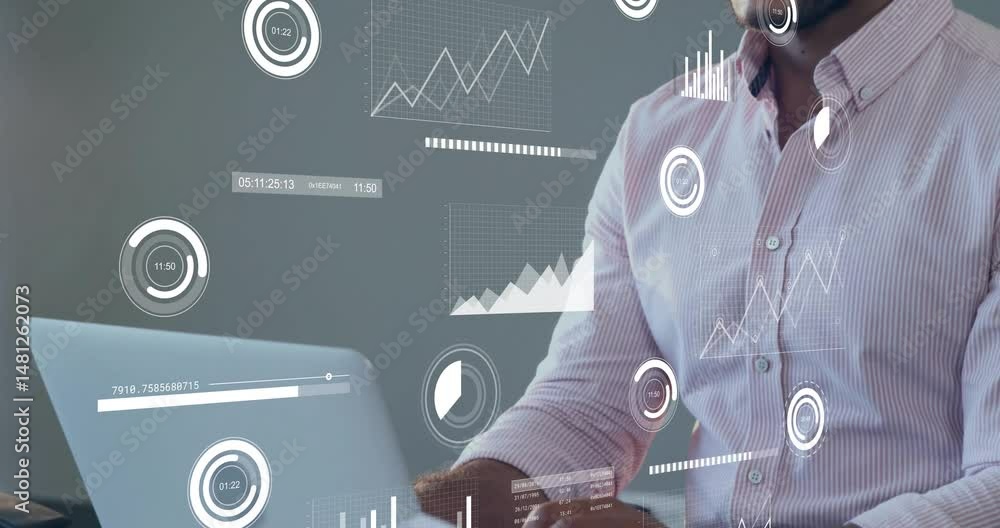 Poster man working on laptop in office workspace, showing floating technology graphs and charts