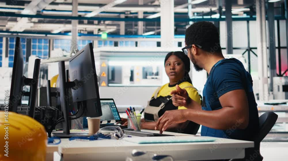 Poster engineer monitors solar power output in high tech production facility at a desk inside a solar facto
