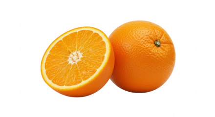 Close-up of two vibrant oranges, one halved, isolated on transparent background