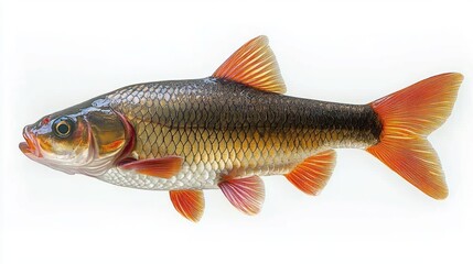 Fototapeta premium Detailed side view of a freshwater fish with orange fins and metallic scales against a white background