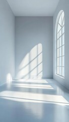 Fototapeta premium Empty bright room with tall arched window casting soft grid shadows onto glossy floor evoking calm and minimalism