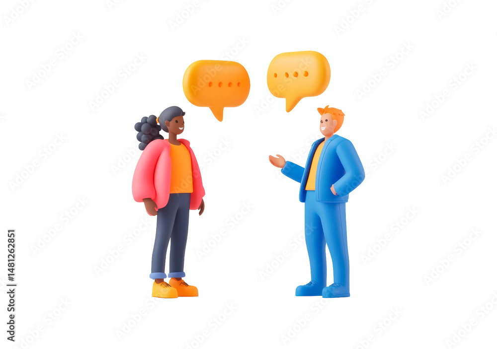 Poster two colorful characters engaged in conversation with speech bubbles isolated on transparent backgrou