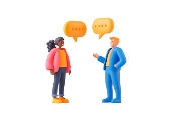 Obraz premium Two colorful characters engaged in conversation with speech bubbles isolated on transparent background