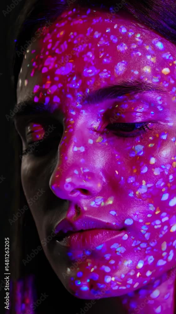 Poster close-up video of a woman's face with blue light patterns projected, creating a futuristic and artis
