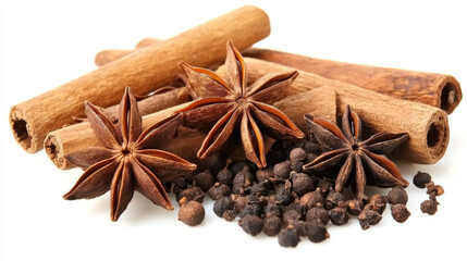 Star anise, cinnamon, bay leaf, cloves spices, TCM herbs on white background