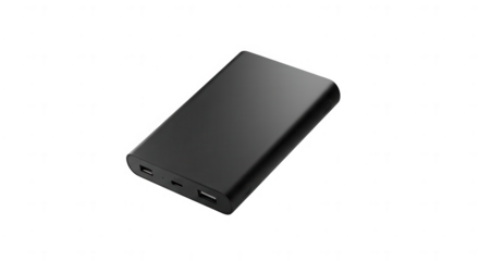 Black portable power bank with two USB ports on transparent background