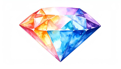 A colorful watercolor illustration of a diamond, showcasing a blend of vibrant hues and intricate facets, symbolizing beauty and luxury