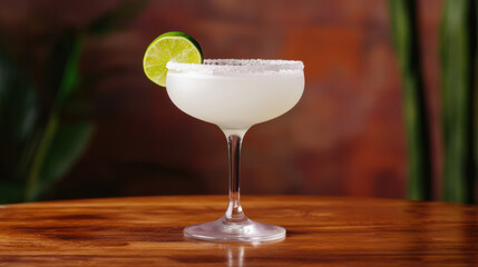 Classic margarita cocktail with a salted rim and lime garnish on a wooden table.