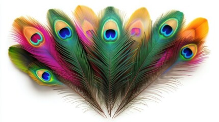 Obraz premium Vibrant arrangement of colorful peacock feathers with iridescent patterns displayed on a white background evoking beauty and elegance