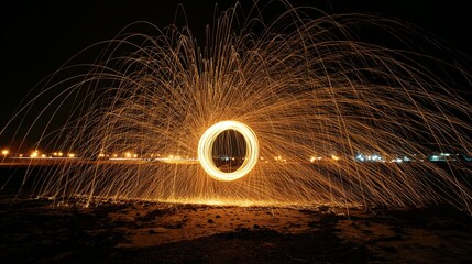 Circular light display at night with trails.