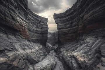 Narrow rocky canyon with steep striated cliffs under moody cloudy sky creating a dramatic and mysterious atmosphere