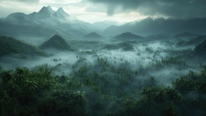 Obraz premium Misty tropical mountain valley. Lush green jungle shrouded in a thick, atmospheric fog. Distant peaks pierce the sky