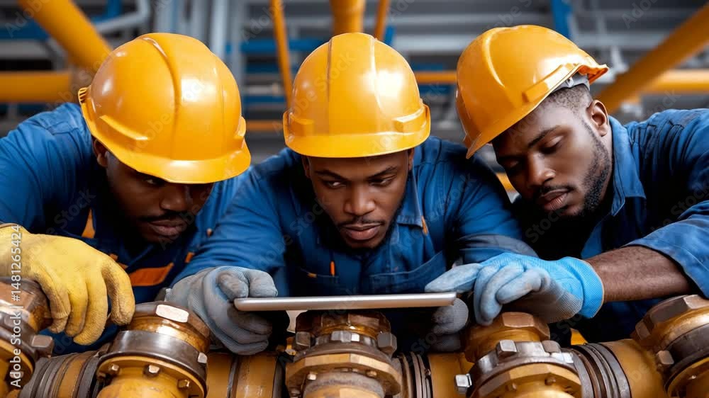 Poster team of engineers: focused engineers in hard hats collaborate, using a tablet amidst an industrial s
