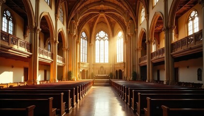 Fototapeta premium A majestic church choir loft, bathed in sunlight, showcasing ornate architecture and empty pews , interior, altar