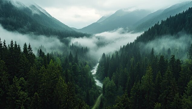 Misty mountain valley shrouded in green forest