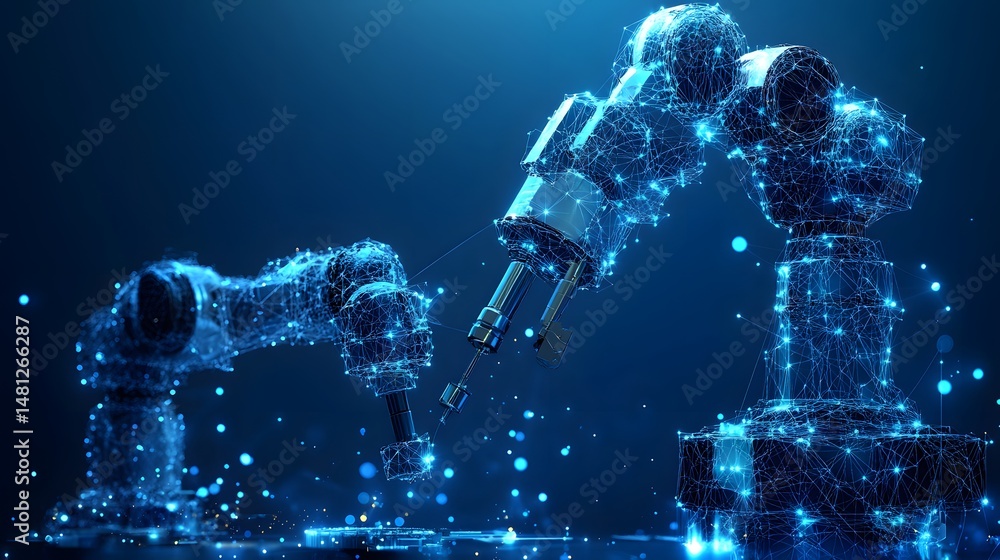 Leinwandbilder futuristic blue robotic arms rendered digitally. geometric shapes and glowing lines evoke advanced t