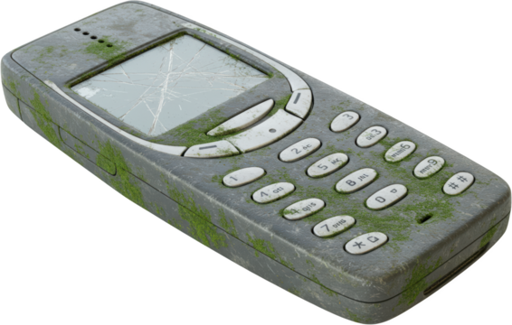 Old Broken Cell Phone with Moss and Cracks Abandoned Technology Vintage Mobile