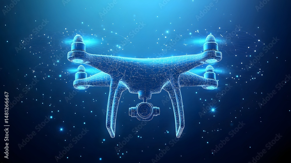 Poster futuristic drone soars amidst a star-studded, networked sky. its wireframe design glows, highlightin