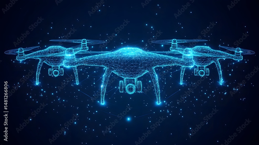 Aufkleber Detailed blue wireframe drone model against a dark backdrop with luminous particles creates a futuristic tech aesthetic. Showcasing intricate design elements. Abstract wireframe in dark blue
