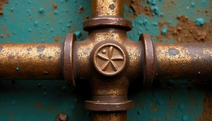 Aged brass bathroom drain pipe, corroded detail, green, texture, repair
