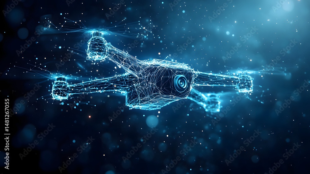 Poster futuristic drone depicted in a digital wireframe style, surrounded by glowing particles against a gr