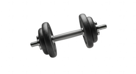 Pair of dumbbells with silver bar and black rubber weights isolated on transparent background